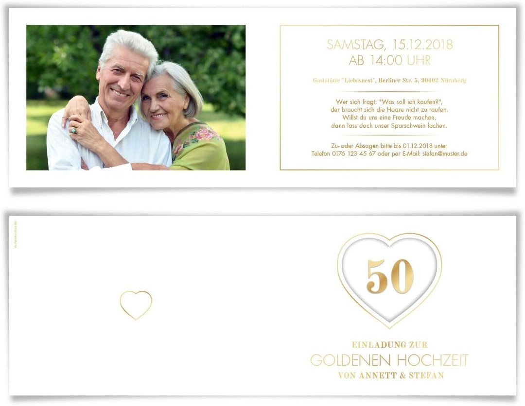 10 x Goldene Hochzeit Einladungskarten Hochzeitseinladungen Einladungen 50 Jahre - Jubiläums-Herz 10