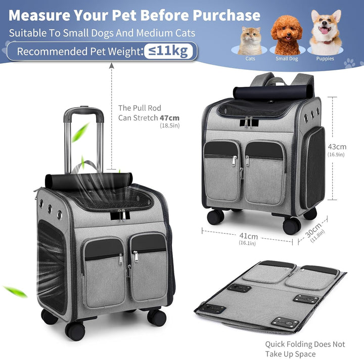 PETCUTE Katzenrucksack Hunderucksack mit Trolley 2 in 1 bis 11 kg,Faltbarer Hundetrolley mit 4 Räder