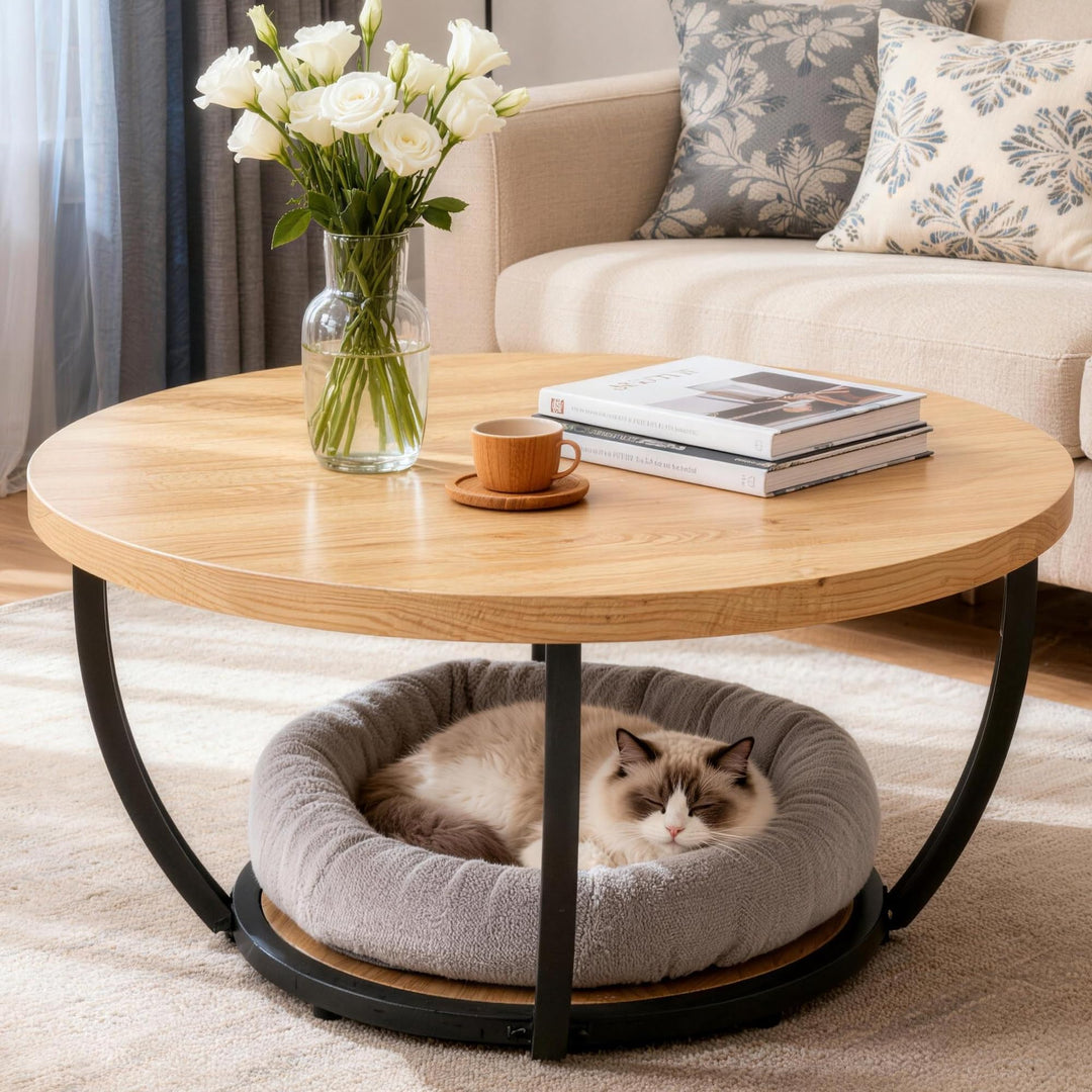 Mingone Couchtisch Rund, Industrial 2-Tier-Kreis Wohnzimmertisch mit Offenem Stauraum, Holz Coffee T