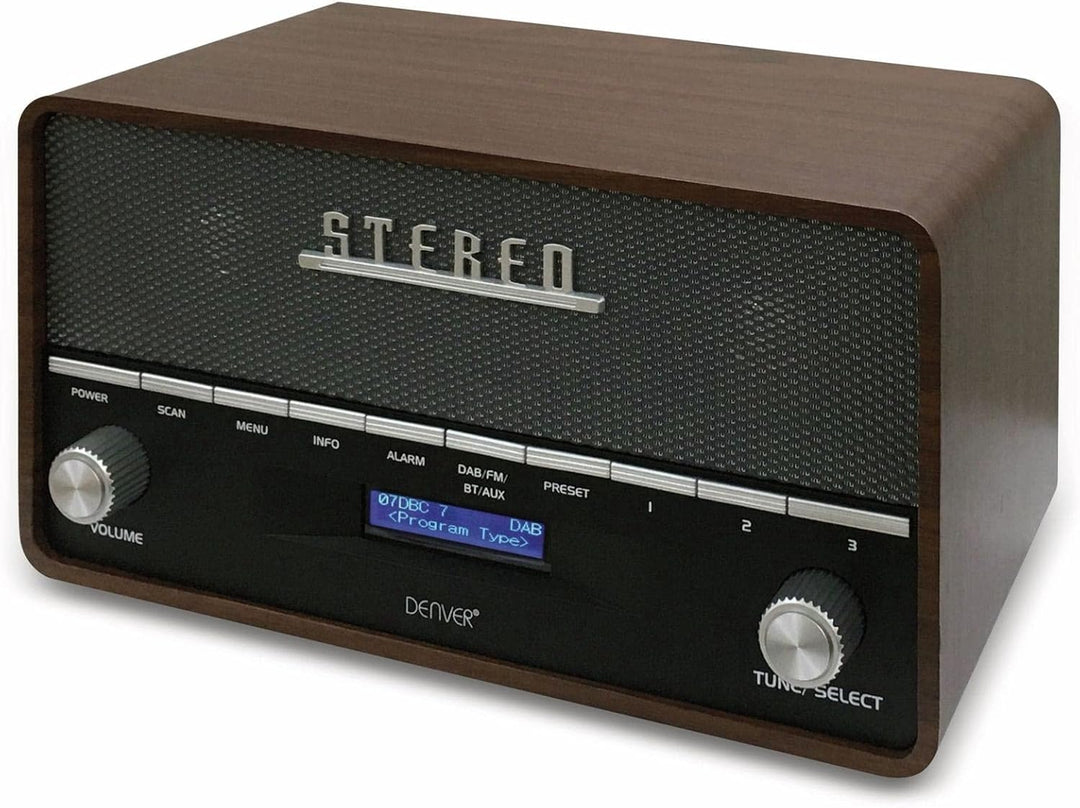 Denver DAB Radio DAB36, Radio mit Bluetooth, Retro Radio aus Holz, FM Radio, DAB, DAB+, AUX, Batteri