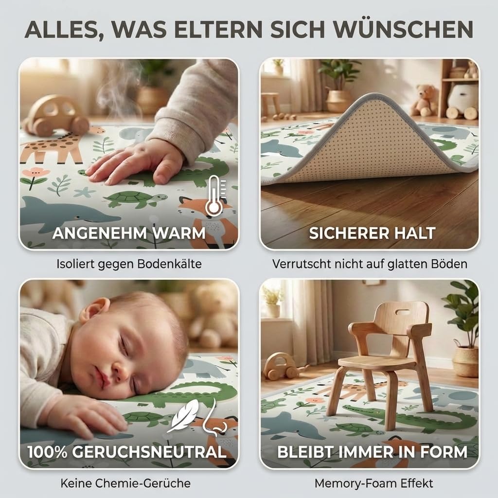 BabybeFun Krabbelmatte Baby - kuschelig weich - 3cm Dicke Spielmatte - schützt vor Stössen - Teppich