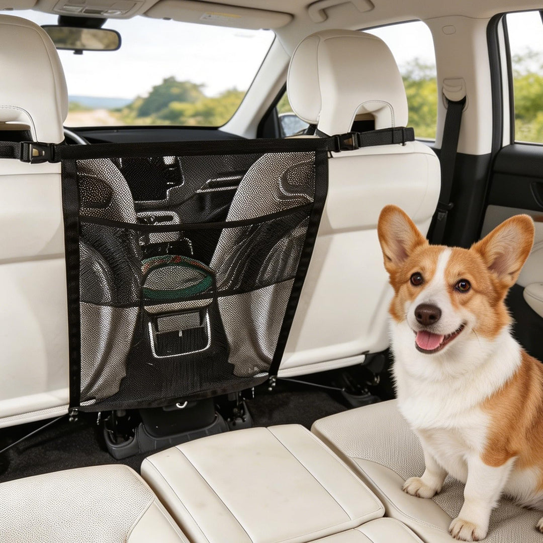 Hundegitter Auto Mit Aufbewahrungstaschen, Trennnetz Hund - Hundenetz für Vordersitz, Auto-Netz-Orga