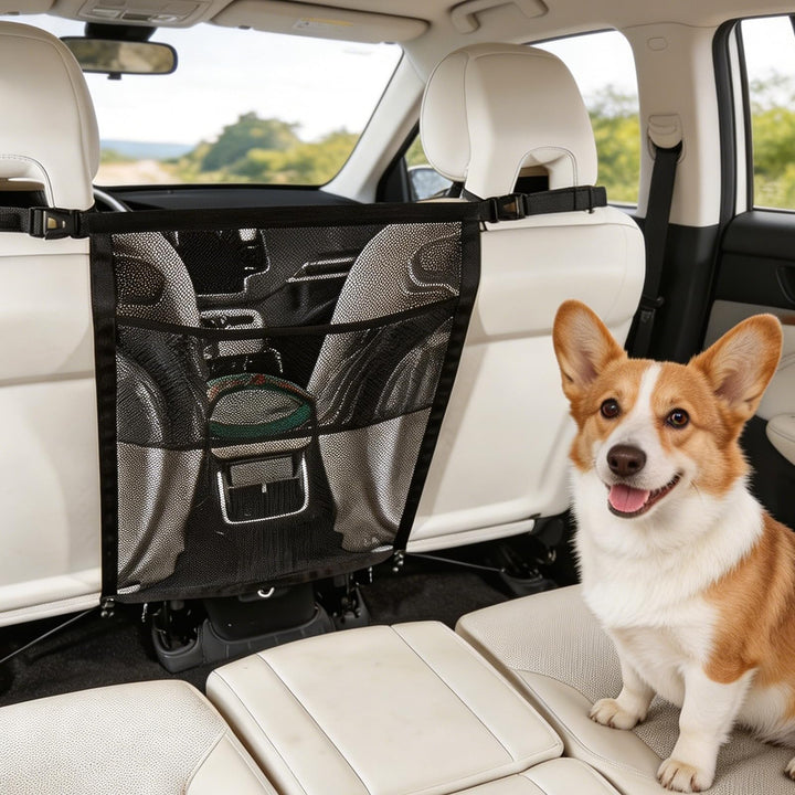 Hundegitter Auto Mit Aufbewahrungstaschen, Trennnetz Hund - Hundenetz für Vordersitz, Auto-Netz-Orga