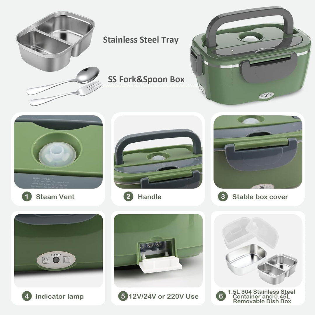 Elektrische Lunchbox 100W, 3-In-1 tragbare beheizte Lunchbox, 1,5L Edelstahl Entnehmbare brotdose, 1