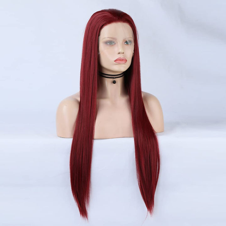Rote Lace Front Perücken Lange Gerade Synthetische 150% Dichte mit Hitzebeständigem Haar 13x4 Lace B