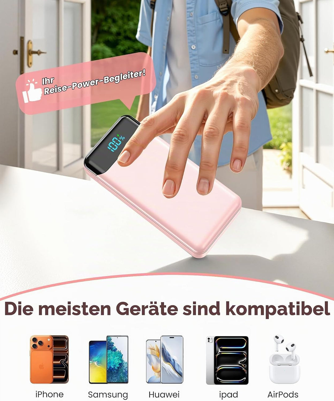 Enerwow Power Bank 27000mAh 22.5W Schnellladen mit Integriertem USB-C Kabel | Externer Akkupack 4 Au