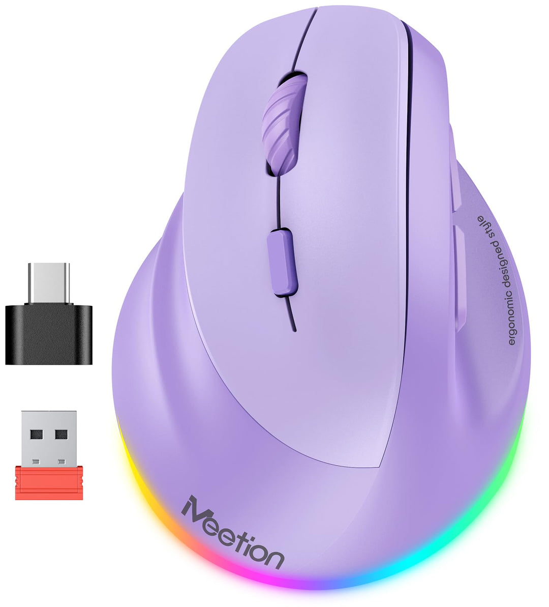 MEETION Linkshänder-Maus, Ergonomisch, Kabellos, Vertikal, RGB für Bluetooth (5.2 + 3.0) und USB-A M