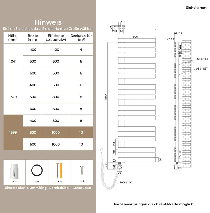 S'AFIELINA Badheizkörper Elektrisch 1599×500mm Weiss, 1000W Handtuchheizkörper Elektrisch mit Thermo