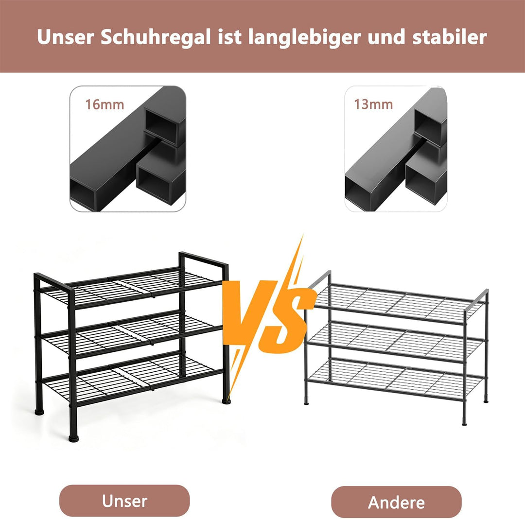 Schuhregal Schwarz Metall, 4 Ebenen platzsparendes Schuhregal, stapelbar & verstellbar, robuster Org