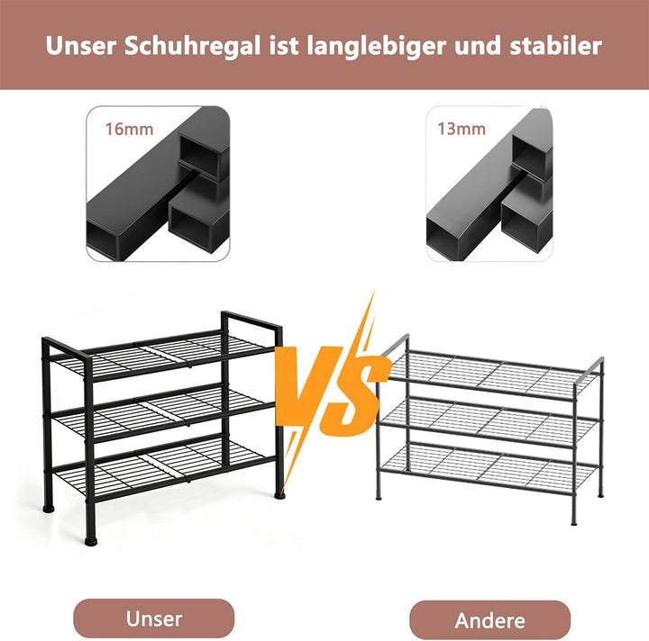 Schuhregal Schwarz Metall, 4 Ebenen platzsparendes Schuhregal, stapelbar & verstellbar, robuster Org