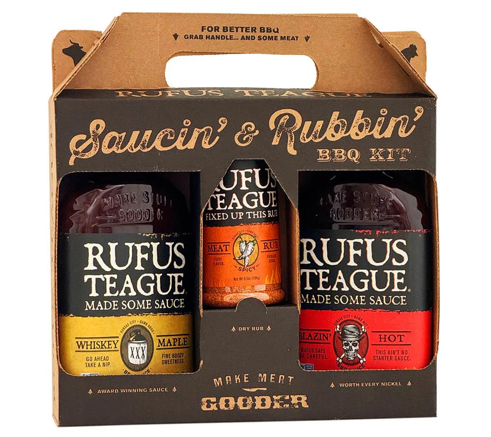 Rufus Teague Geschenkset Saucin’ and Rubbin’ – BBQ Saucen Whiskey Maple, Blazin’ Hot & Meat Rub – Ge