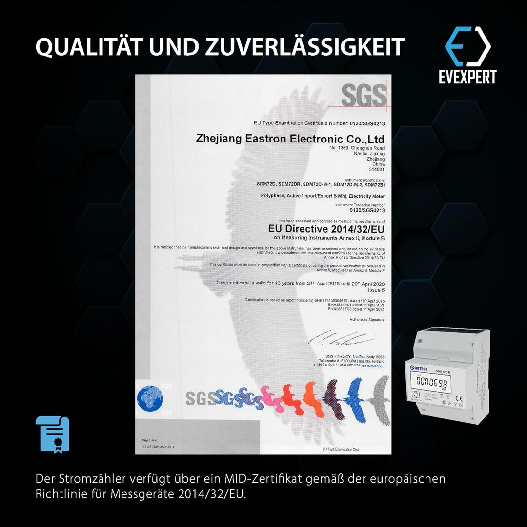 EASTRON SDM72-DR-MID - digitaler Drehstromzähler - 100A 3-phasig - Stromzähler für DIN-Schiene mit R