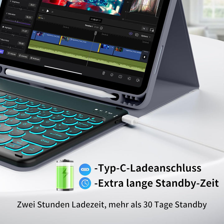 Hülle mit Tastatur Kompatibel mit iPad Air 6./ 5./ 4. Generation 11 Zoll M2/10,9 Zoll, 7 Farbige Bel