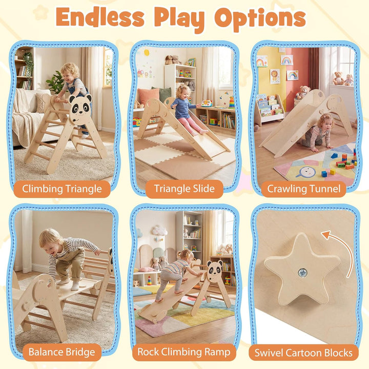 FANTASK Kletterdreiecke Indoor 3er Set, Klappbares Klettergerüst Holz mit Rutsche, Rampe & Kletterle