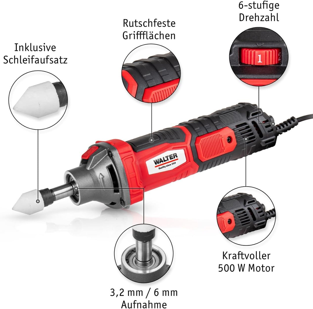 WALTER Geradschleifer 500W – leistungsstarker Elektro-Schleifer mit 30.000 U/min | Stufenlose Drehza