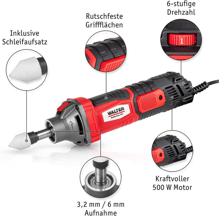 WALTER Geradschleifer 500W – leistungsstarker Elektro-Schleifer mit 30.000 U/min | Stufenlose Drehza