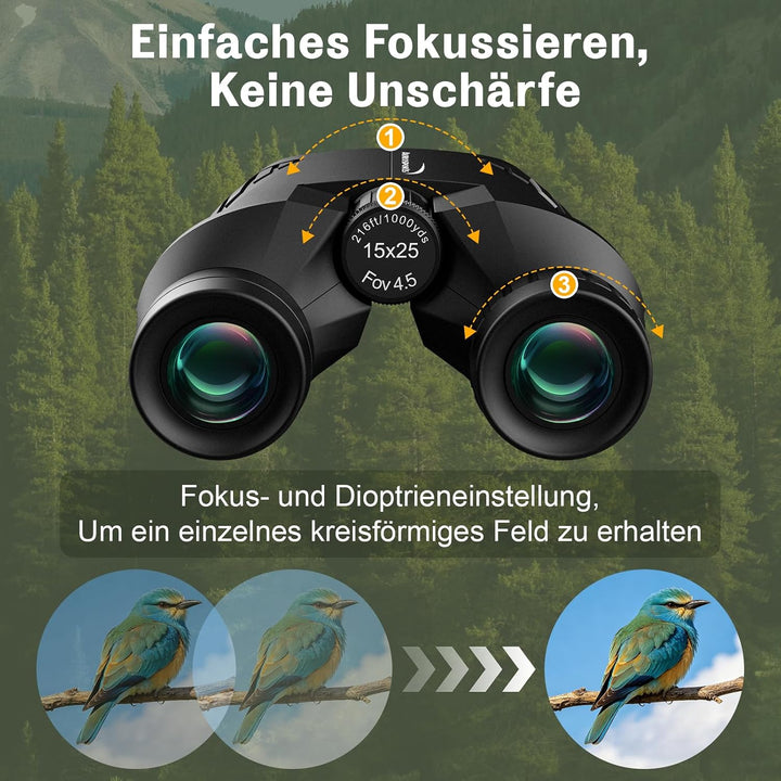 Aurosports Fernglas 15x25 Kompakt Fernglas für Kinder Erwachsene Ferngläser | Klein, Hochauflösend,