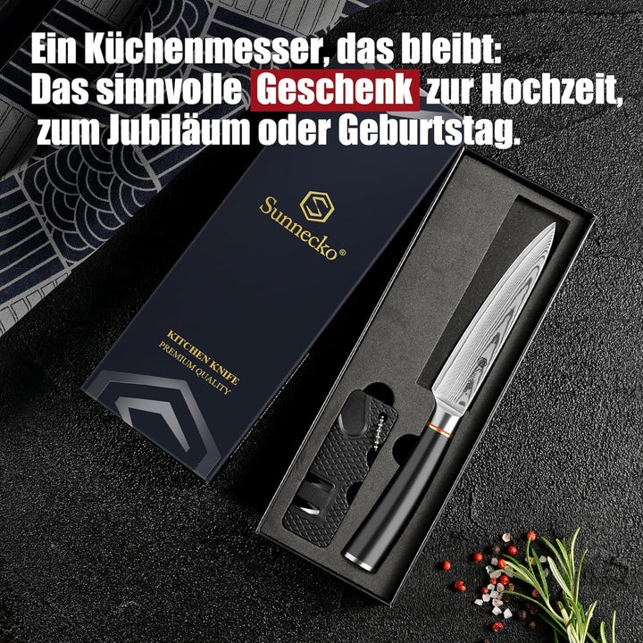 Sunnecko Damast Allzweckmesser 13CM – Rostfrei Damastmesser, klein Kochmesser für Fleisch & Gemüse,