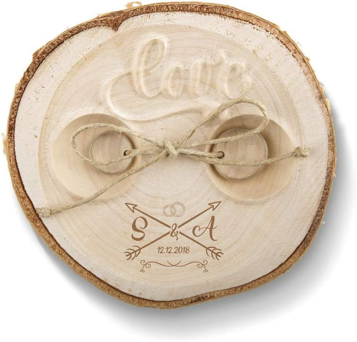 Hochzeit Ringkissen Love Birkenscheibe Gravur individuell ca. 11 cm Durchmesser - Liebespfeil, Liebe