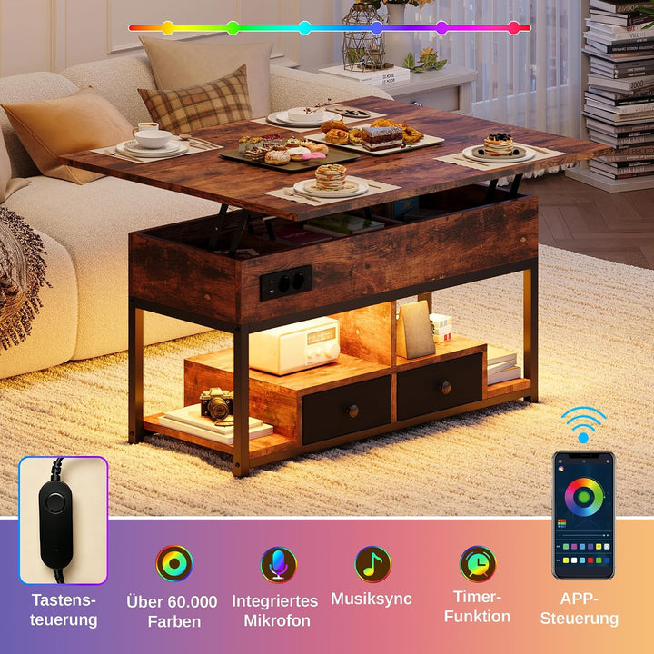 IRONCK Couchtisch Höhenverstellbar, LED Wohnzimmertisch mit Steckdosen, 2AC+USB+USB‑C, Kaffeetisch H