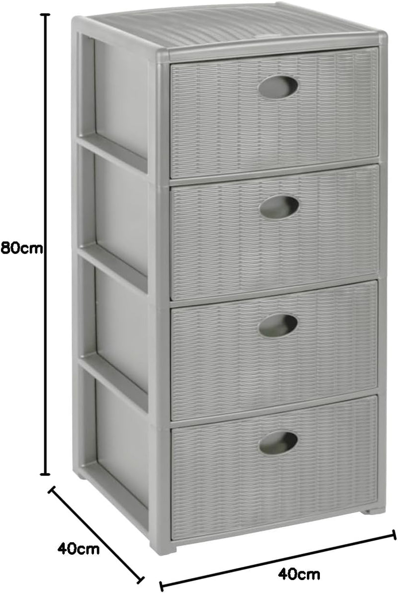 Rollbarer Schubladenschrank aus Kunststoff in Rattan-Optik mit 4 Schubladen. Masse: 40x40x81 cm (Gra