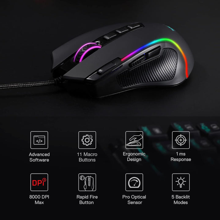 Redragon M612 Predator RGB Gaming Maus, 8000 DPI kabelgebundene optische Gamer-Maus mit 11 programmi