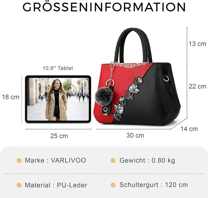 VARLIVOO Handtasche Damen Mittelgross Elegant Taschen mit Blumenstickerei Leader PU Henkeltasche Fra
