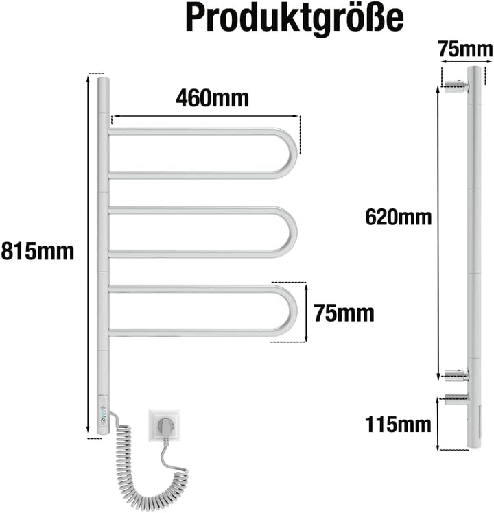 Elna® Handtuchheizkörper Elektrisch Chrom 82x46 cm, 78W - Badheizkörper Elektrisch Handtuchwärmer Ed