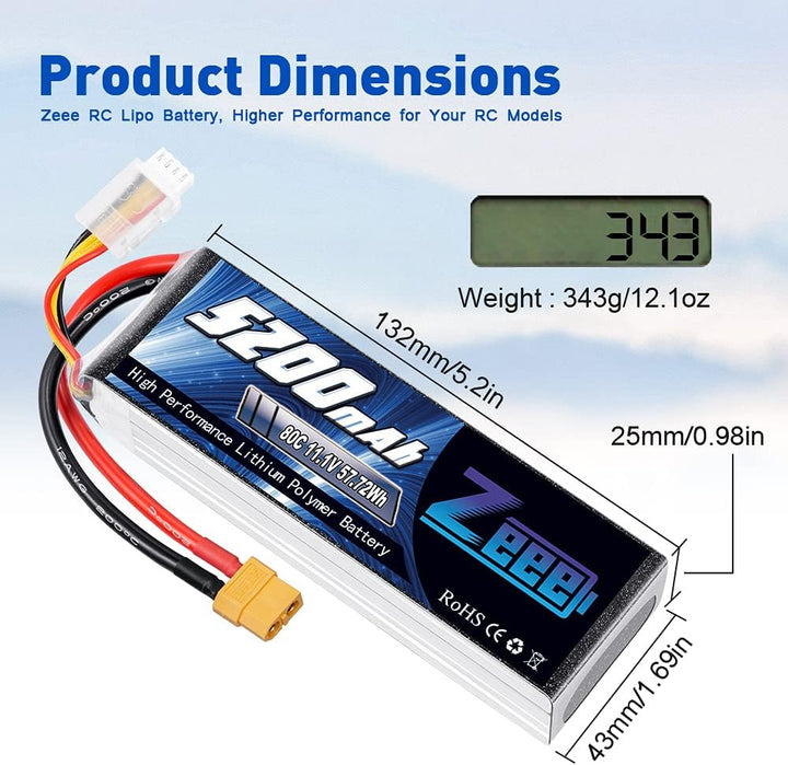 Zeee 3S LiPo Akku 5200mAh 11,1V 80C mit XT60 Steck für RC Auto, RC Flugzeug, RC Hubschrauber, RC Hob
