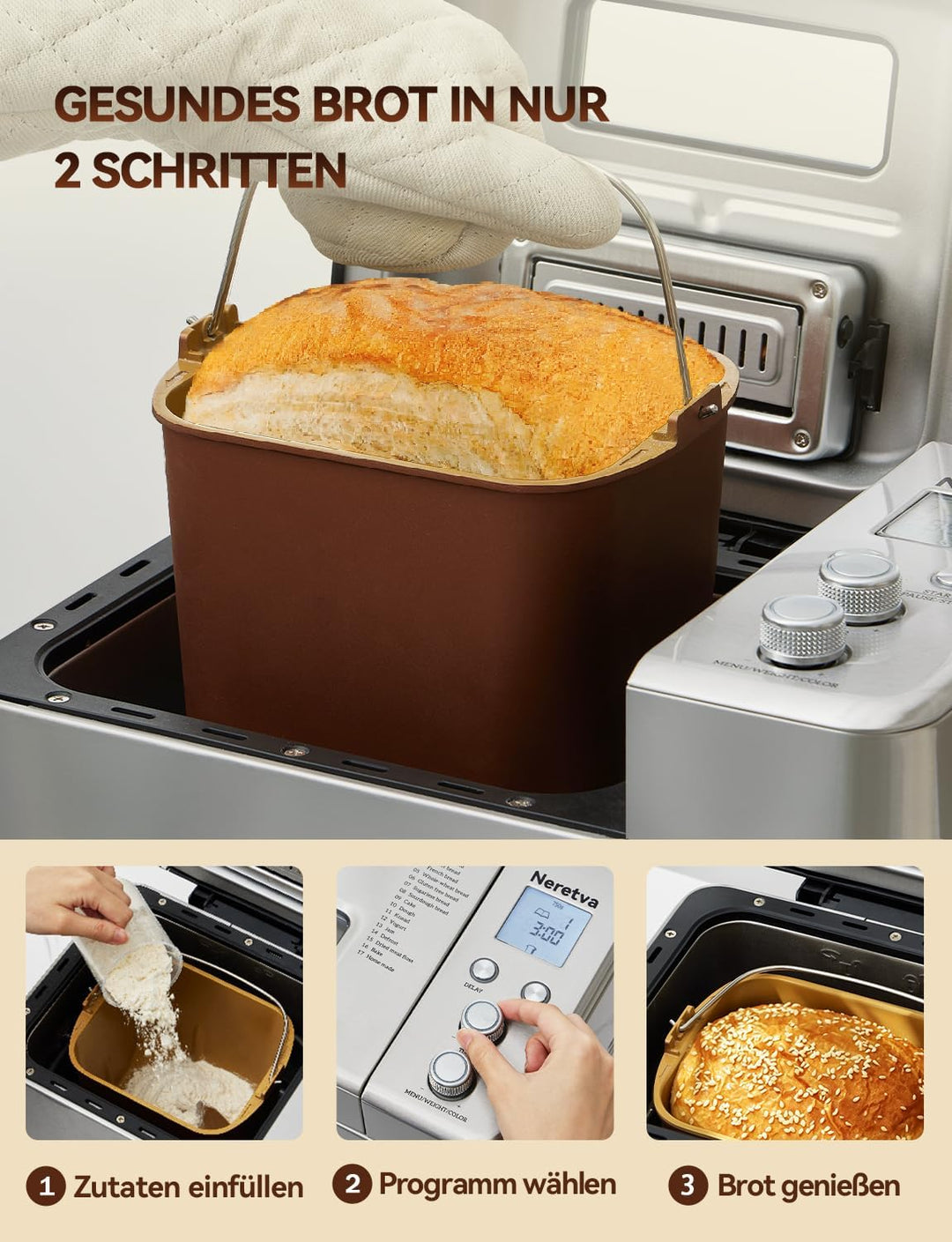 Neretva Brotbackautomat, 17 Programme&1KG Kapazität Brotbackautomaten mit Auto Nuss&Fruchtspender, A