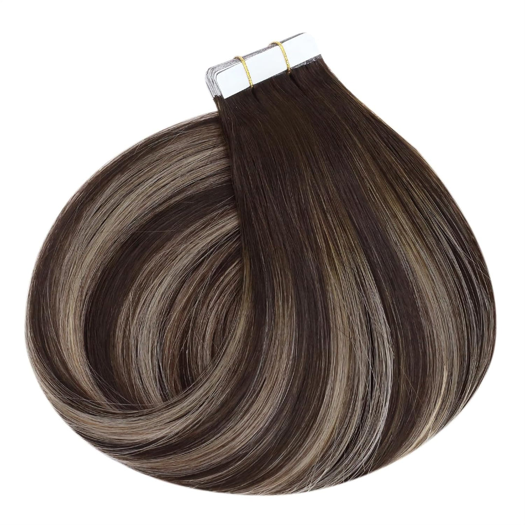 Ugeat Tape in Extensions Echthaar 50 cm Extensions Echthaar Tape in Balayage Dunkelbraun mit Aschblo