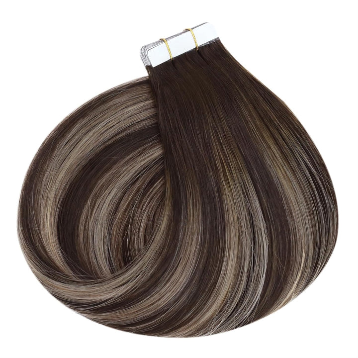 Ugeat Tape in Extensions Echthaar 50 cm Extensions Echthaar Tape in Balayage Dunkelbraun mit Aschblo