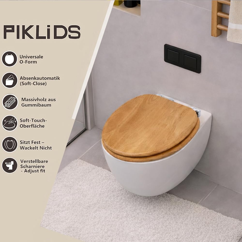 WC-Sitz aus Massivholz - Kautschukholz (Hevea) mit Absenkautomatik, Schnellverschluss &amp; Easy-Clean,