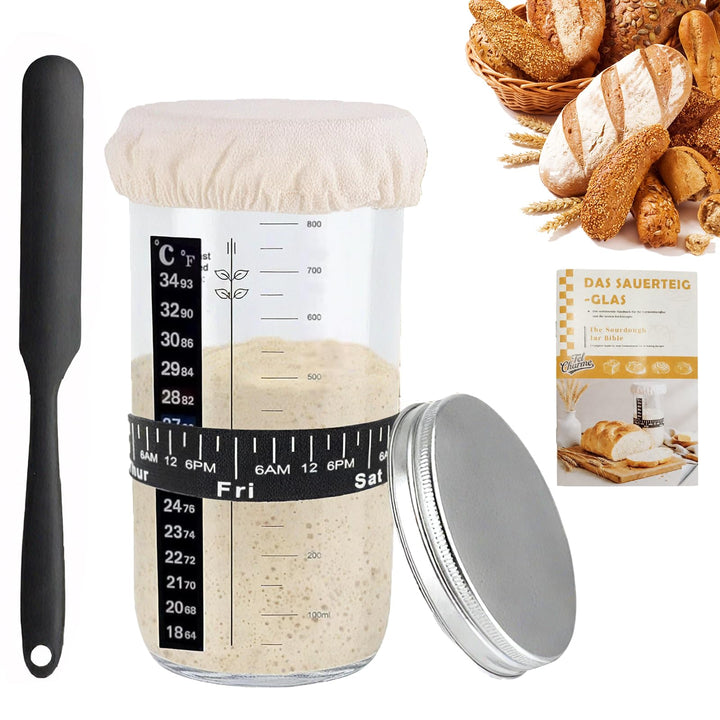 Sauerteig Starter Jar Kit 1000ml Gärglas mit Spatel, Sauerteig Glas, Fermentierglas, Sourdough Start