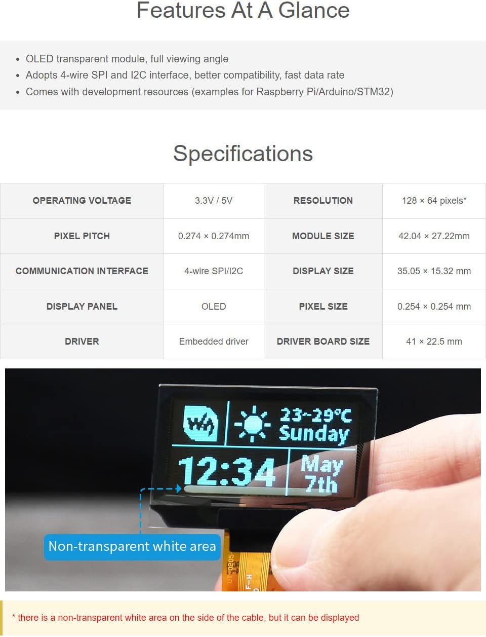 Waveshare 1.51inch Transparent OLED 128×64 Resolution Light Blue Color Display Compatible with Raspb