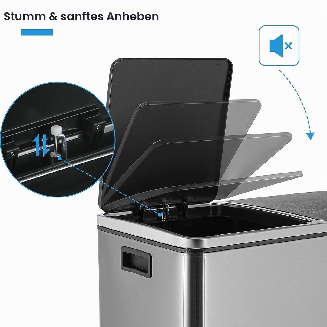 LIFERUN Mülleimer 2 Fächer, Abfalleimer Küche 60L (2x 30 Liter), aus Metall, mit Softclose Deckel, 2