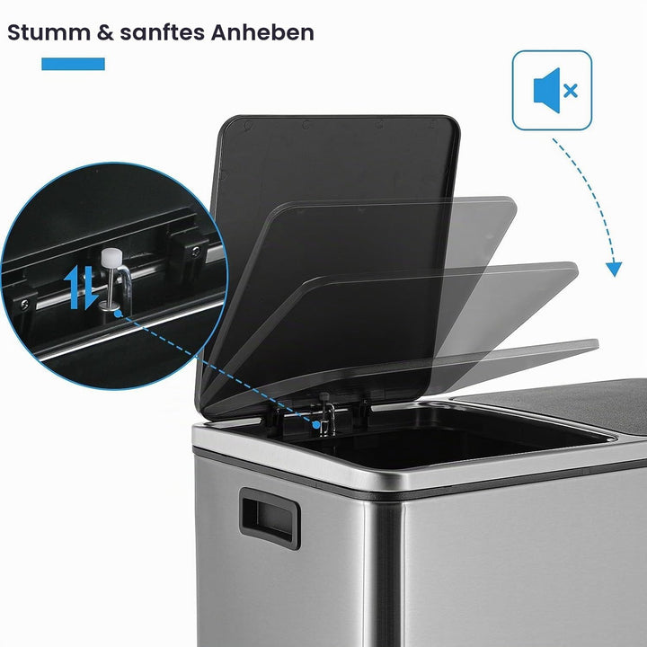LIFERUN Mülleimer 2 Fächer, Abfalleimer Küche 60L (2x 30 Liter), aus Metall, mit Softclose Deckel, 2