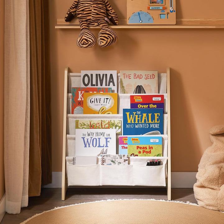 SoBuy Montessori Bücherregal Kinder Regal Kinderzimmer mit 4 Stofffächern Aufbewahrung Spielzeug & B