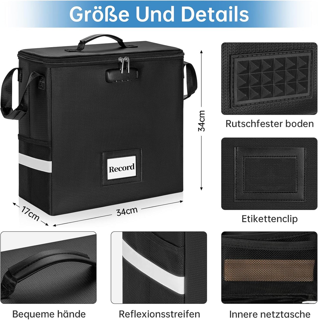 Feuerfeste Vinyl-Schallplatten-Aufbewahrungsbox mit Schloss, wasserfeste Klappbare LP-Schallplatten-