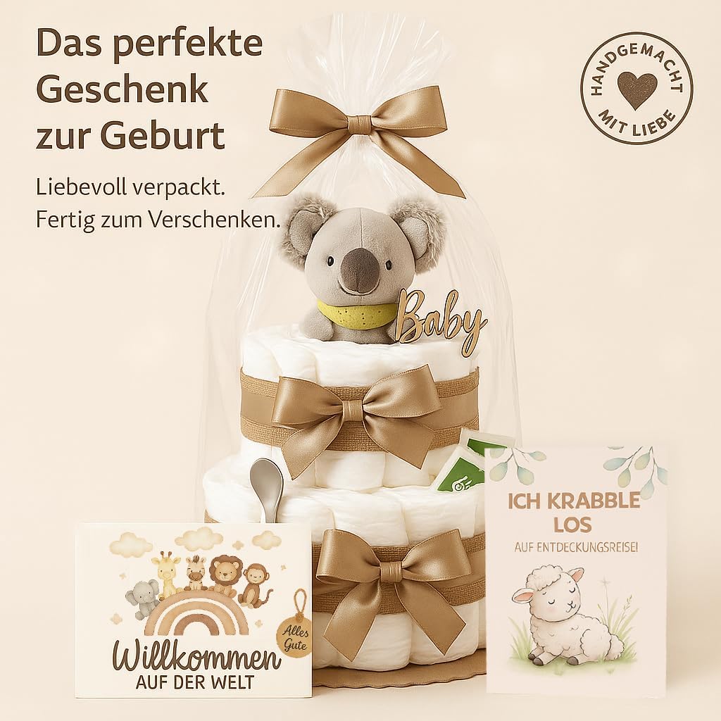 Windeltorte Mädchen & Junge mit Koala Greifling - Boho Vintage [Handmade] – Baby Geschenk zur Geburt