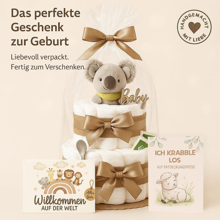 Windeltorte Mädchen & Junge mit Koala Greifling - Boho Vintage [Handmade] – Baby Geschenk zur Geburt