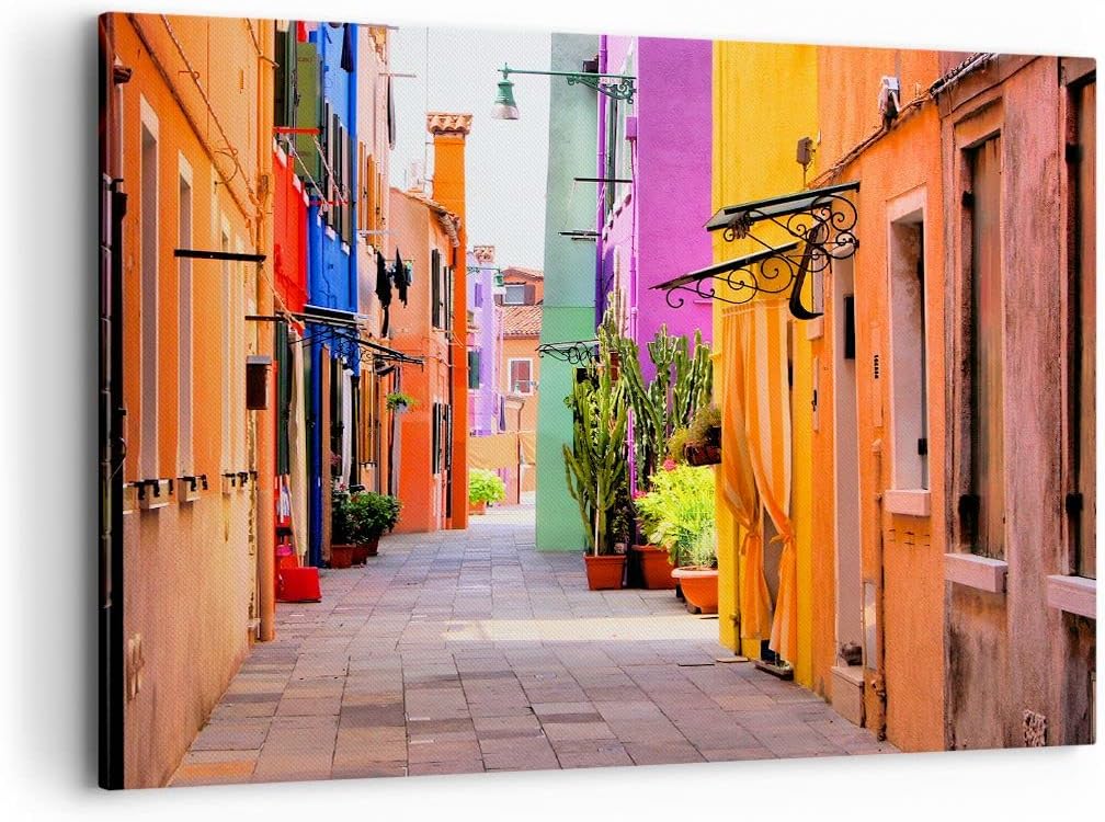 Bilder auf Leinwand 100x70cm Leinwandbild mit Rahmen Sommer Strasse Haus Gross Wanddeko Bild Schlafz