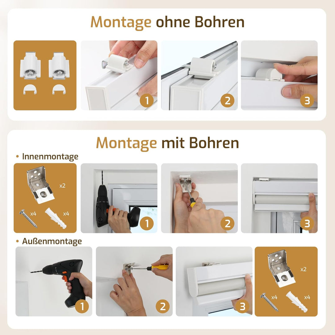 Grandekor Rollo Elektrisch 60x130cm Grau, Elektrisches Verdunklungsrollo Klemmfix ohne/mit Bohren, S