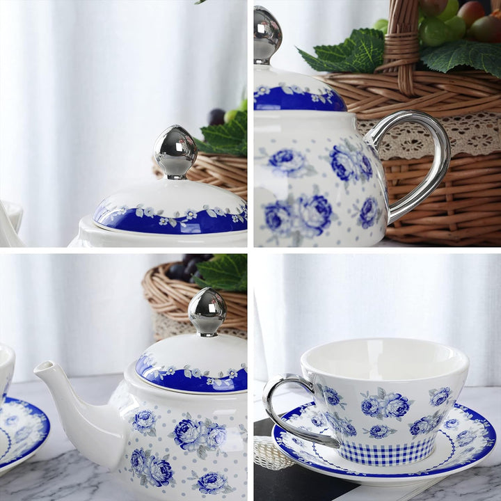 fanquare Vintage Blaue Blumen Tea for One Set, Tupfen Porzellan Kaffeetassen Set mit Teekanne, Tasse