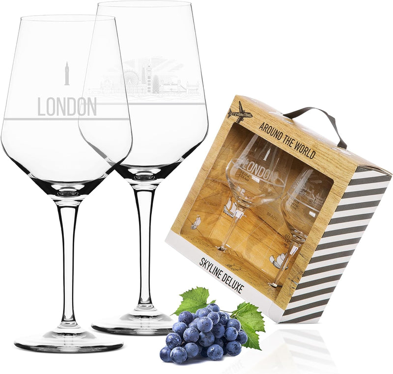 2er Set Weinglas London in schöner Geschenkbox | Hochwertiger Siebdruck im eleganten Ätzweiss, detai