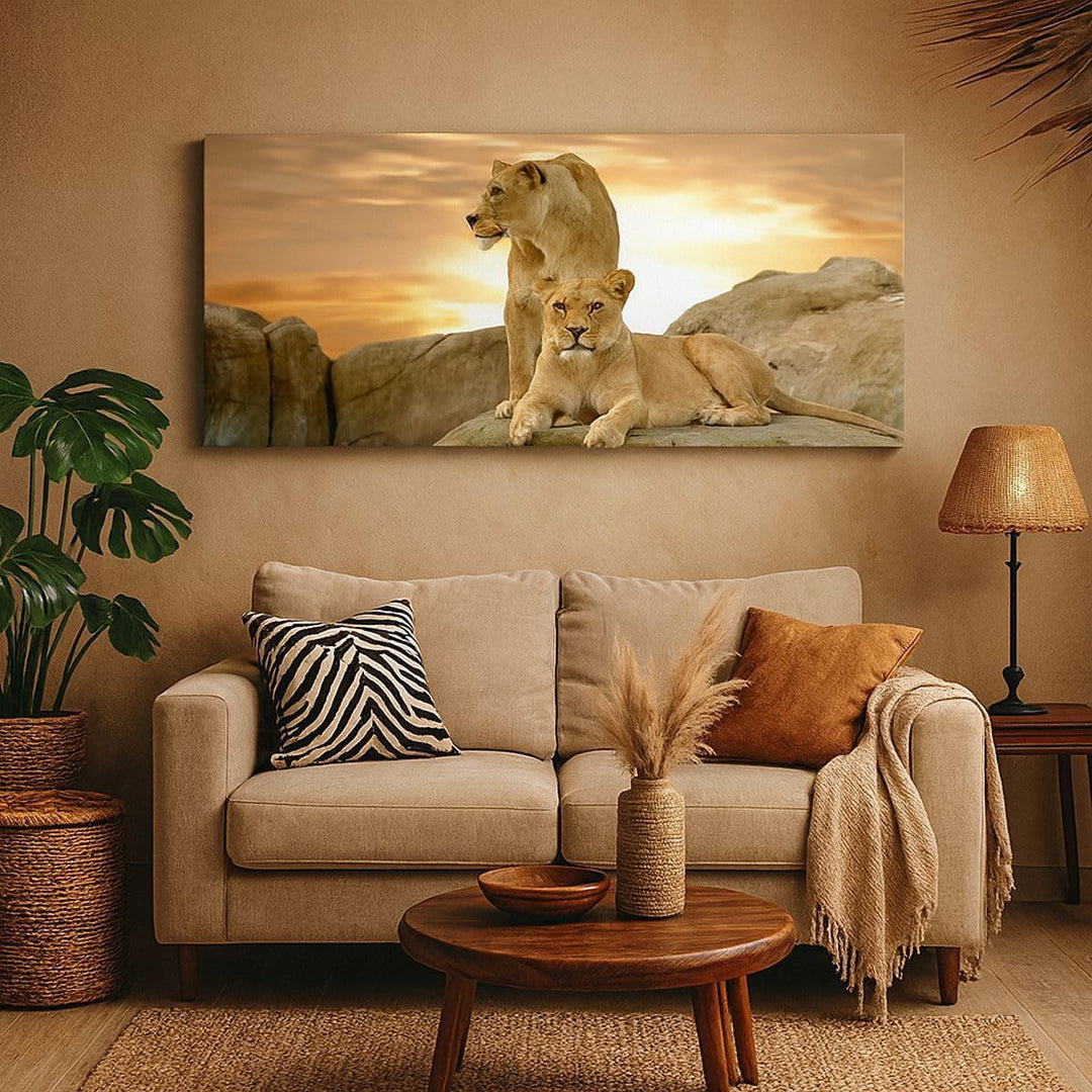 Wandbilder Dekoration Wohnzimmer Löwen Sonnenuntergang Felsen Krallen Bilder auf Leinwand 120x50cm L