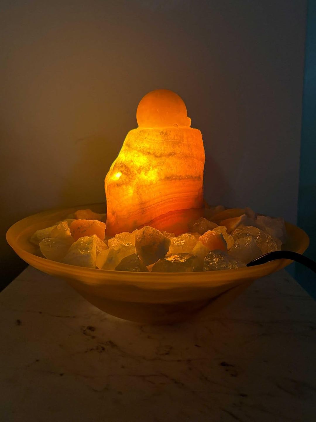 Kugelbrunnen Salonica Orangencalcit mit Beleuchtung (Schalenfarbe: Weiss)