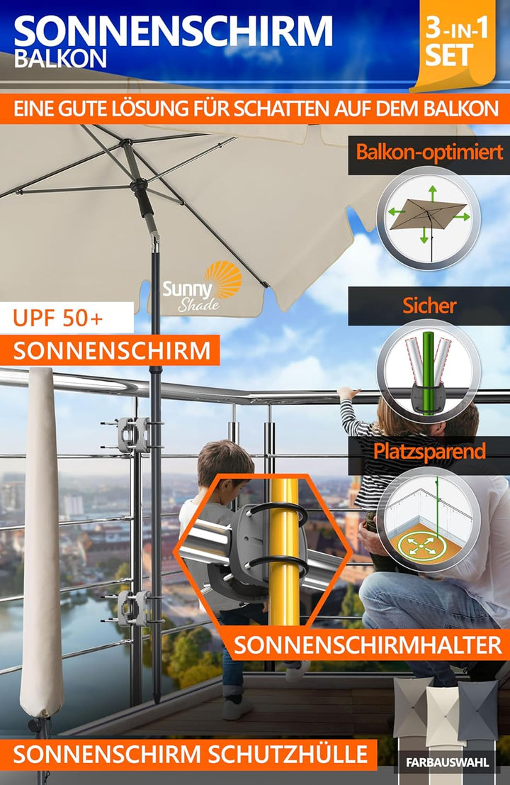 4smile Sonnenschirm Balkon SunnyShade - Sonnenschutz Balkon 4-in-1 SET, Beige - Sonnenschirm rechtec