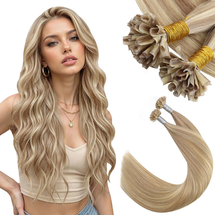 Ugeat Keratin Bonding Extensions Echthaar Blond Highlight Echthaar Extensions U Tip Goldblond mit He