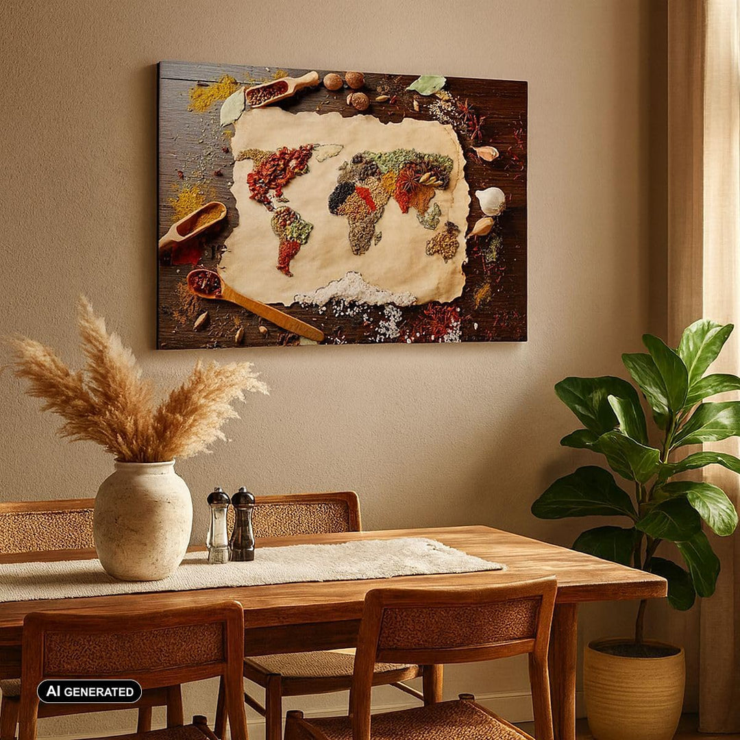 Bilder auf Leinwand 100x70cm Leinwandbild Welt Karte Gewürze Farben Gross Wanddeko Bild Schlafzimmer